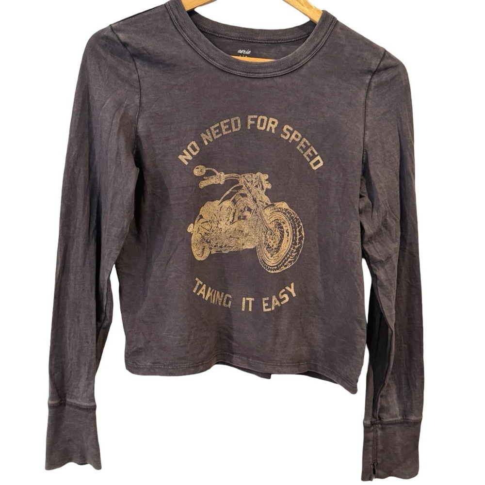 Aerie Distressed graphic Gray Crew Neck Long Sleeve Top L